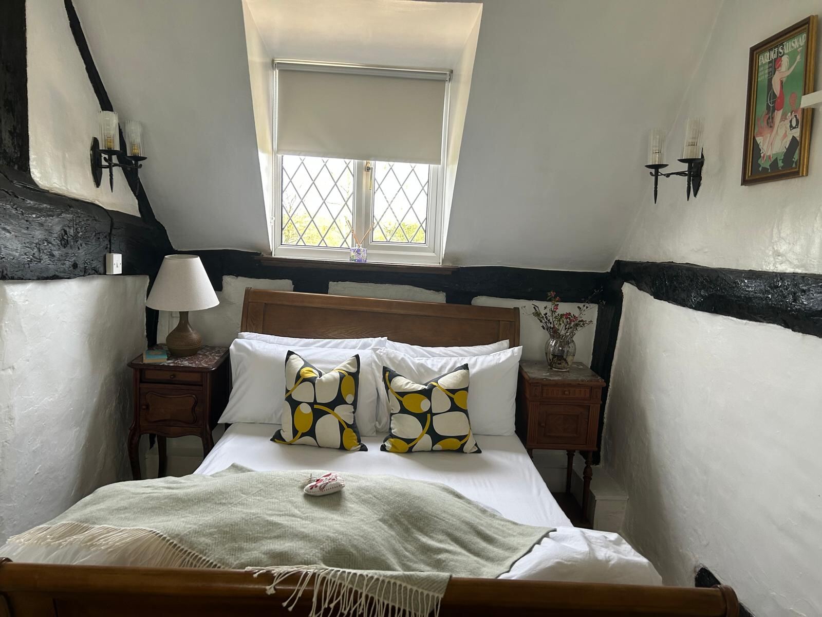 A timber-framed bedroom