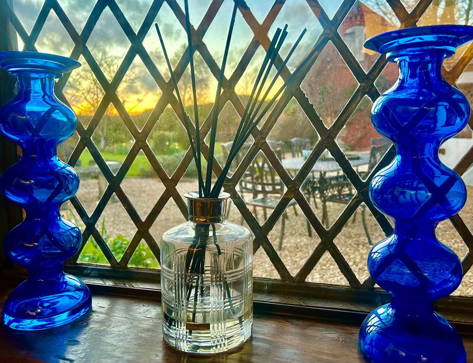 Blue glass at a leaded window